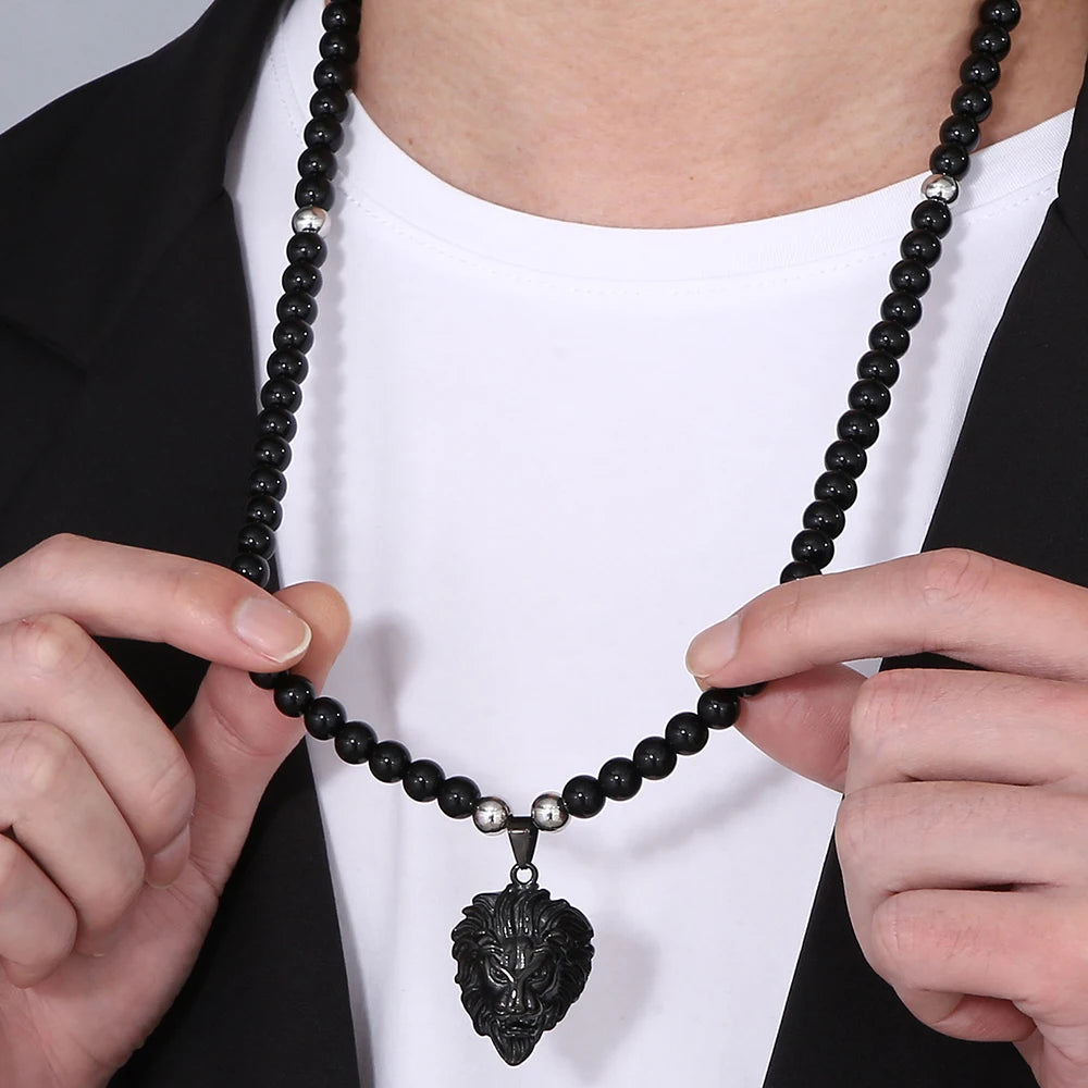 Steampunk Lion Head Pendant Necklace for Men With 66CM Agate Beads Chain Black Gold Color Hiphop Jewelry Bold Statement