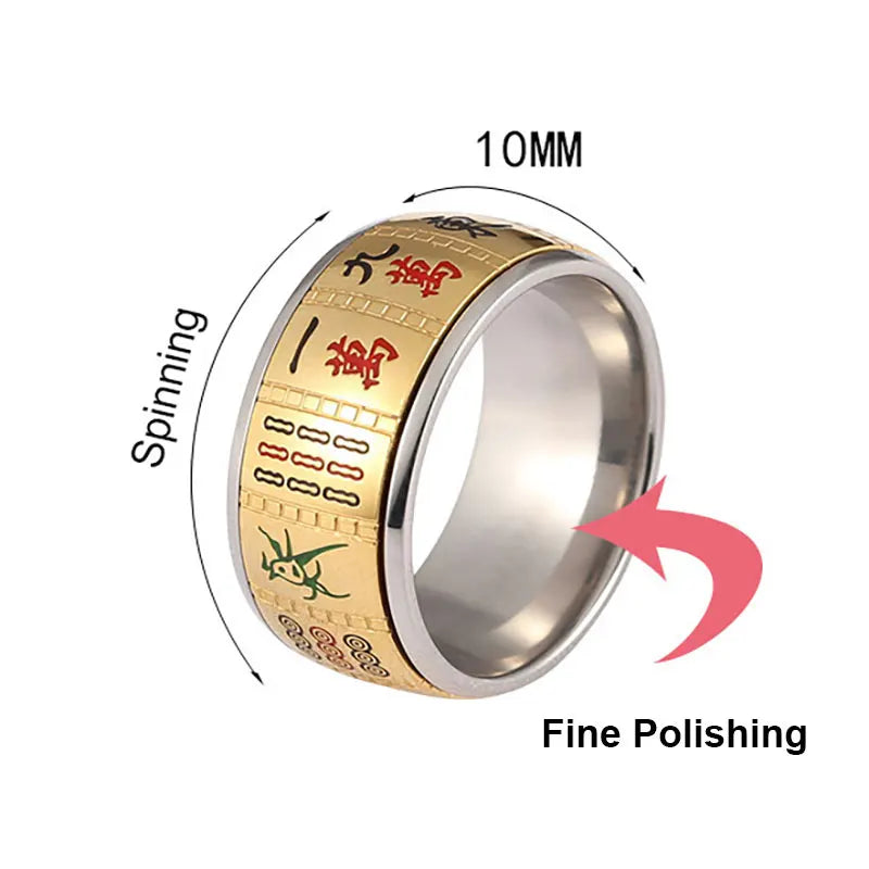 Anxiety Ring For Men Chinese Character Mahjong Stainless Steel Rotatable Spinning Spinner Ring Homme Gift Party Finger