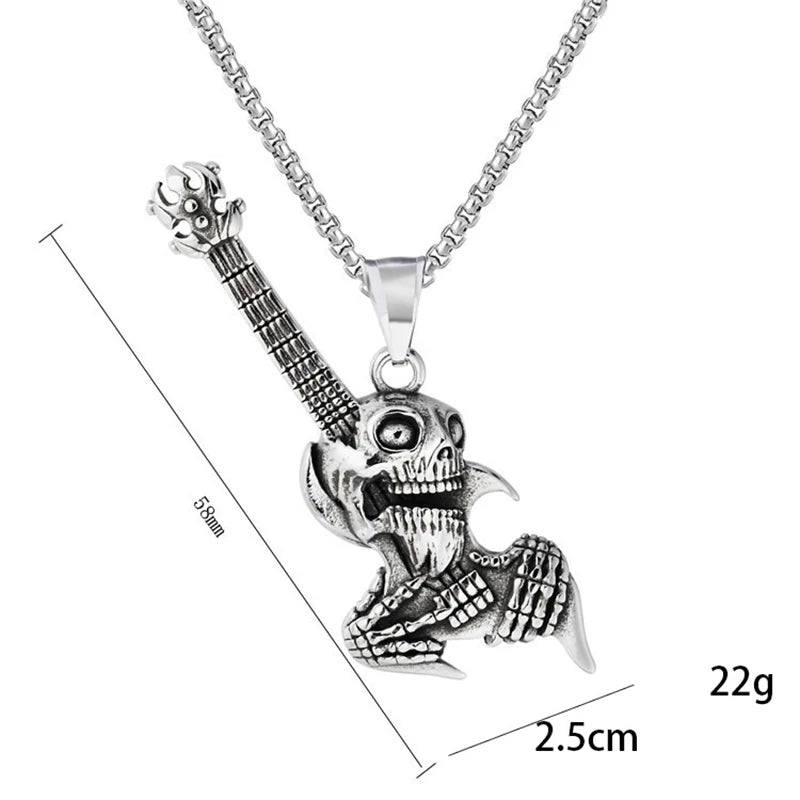 Hip Hop Rock Skeleton Men Guitar Instrument Pendant Necklace Retro Punk Silver Color Stainless Steel Chain Neck Jewelry Gifts