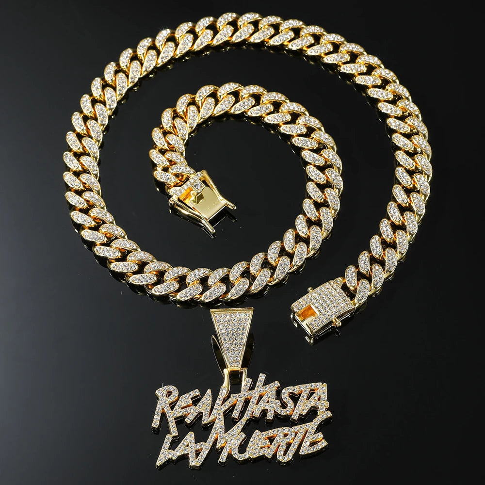 Men Hip Hop Double Row Spliced Letters Pendant Necklace with 13mm Cuban Chain Hiphop Iced out Necklace Fashion Punk