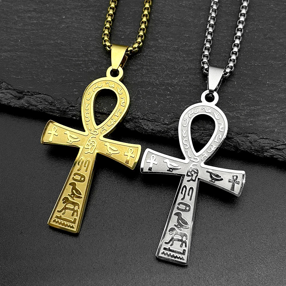 Egyptian Ankh Cross Key Of Life Pendant Necklaces for Women Men Stainless Steel Gold Color Egypt Hieroglyph Chain