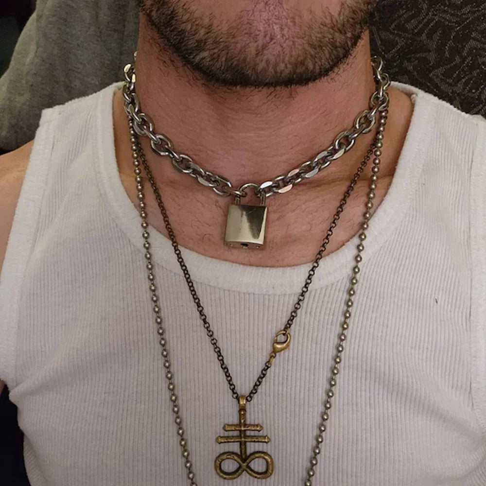 Punk Solid Stainless Steel Chain Oversized Padlock Necklace Women Mens Unisex Chunky Heavy Lock Key Necklace Handmade Jewelry
