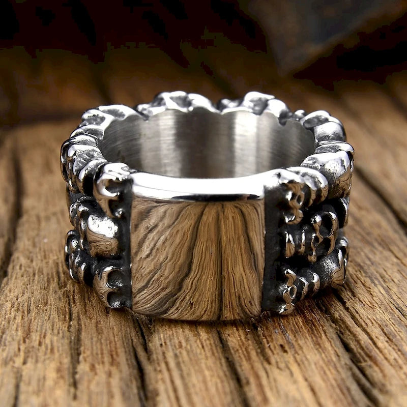 8/9/10/11/12/13# Stainless Steel Men Skull Ring Ancient Punk Skeleton Crossbones Waterproof Not Fading Male Finger