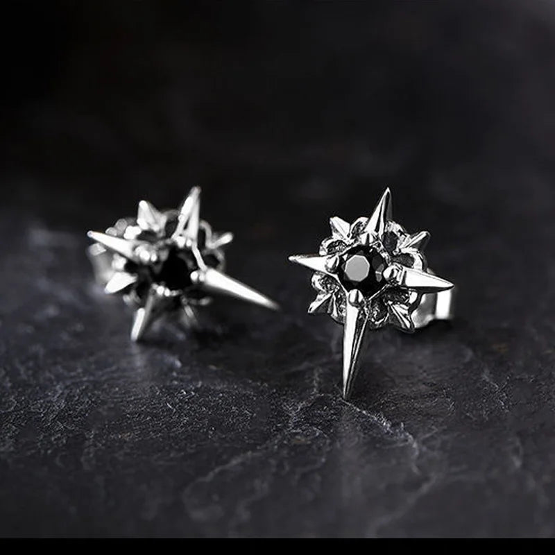 Black CZ Star Stud Earrings with Clear Crystal — Black-Tone