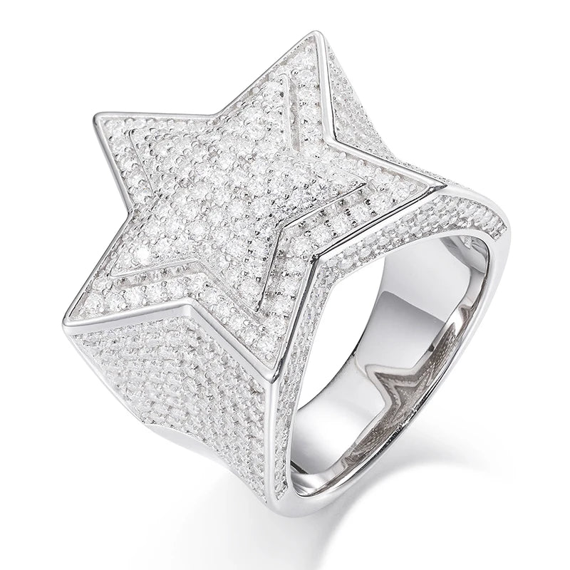 TUHE Unisex Hip Hop Men Moissanite Rings S925 Silver Jewelry For Men Star Ring Hip Hop Jewelry Gift