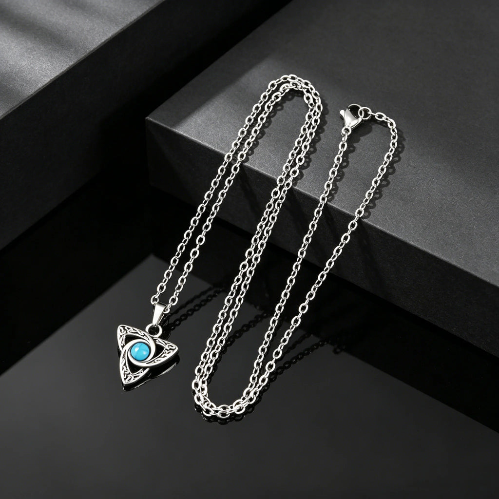 Vintage Celtic Knot Pendant Inlaid Black Opal Turquoise Necklace for Men, Retro Fashion Natural Stone Stainless Steel Jewelry