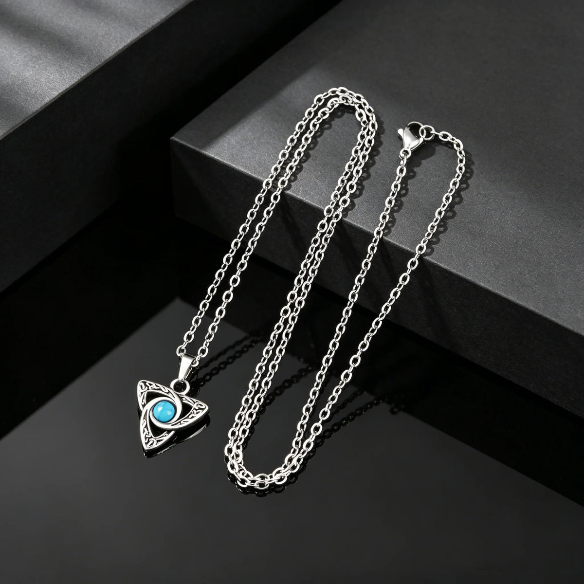 Vintage Celtic Knot Pendant Inlaid Black Opal Turquoise Necklace for Men, Retro Fashion Natural Stone Stainless Steel Jewelry
