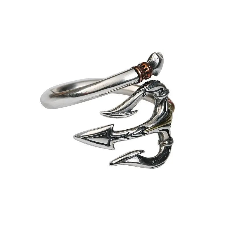 Sea God Trident Open Ring for Men — Silver-Tone Adjustable