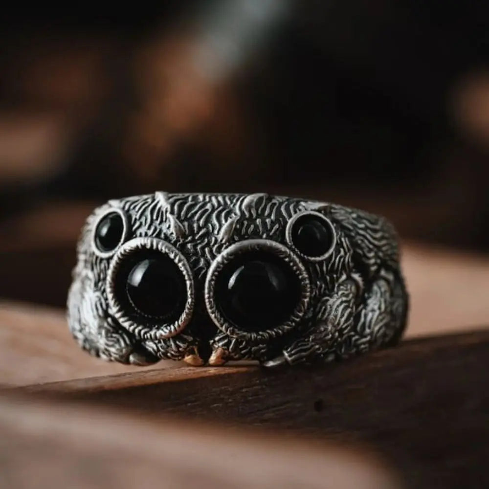 Black Agate Jumping Spider Ring Personalized Electroplated Copper Animal Open Rings Adjustable Opening Fashion