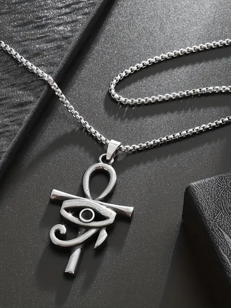 1pc Fashionable Horus Eye Ankh Cross Pendant Necklace, Unisex Amulet Jewelry for Sacred Protection