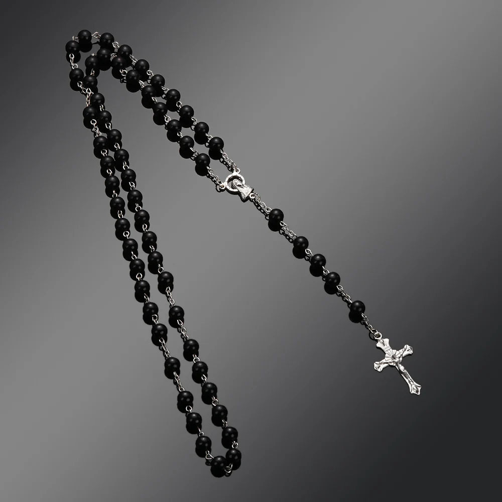 Vintage Catholic Rosary Necklace — Glass Bead Crucifix Cross