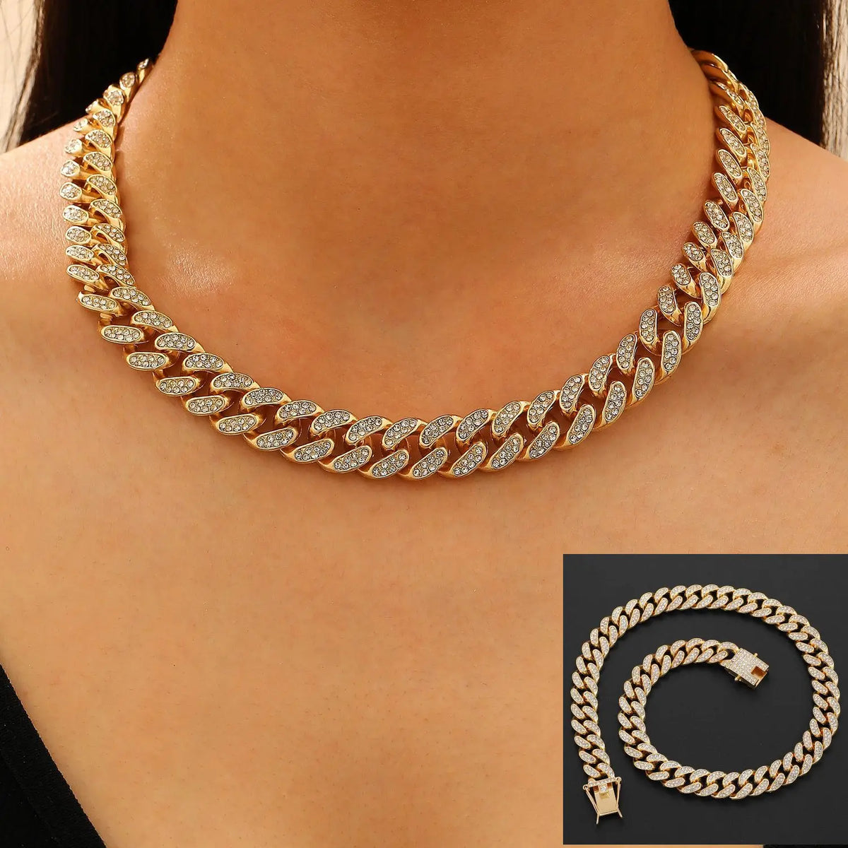 Full Crystal Cross Pendant Cuban Chain Necklace — Two-Tone