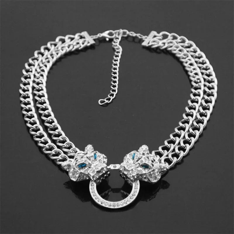 Fashion Double Leopard Head Pendant With Adjustable Double Layer Chain Necklace Panther Choker For Men Women Party