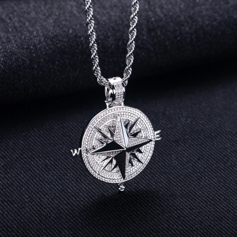 Iced Out Compass Pendant — 14K Gold