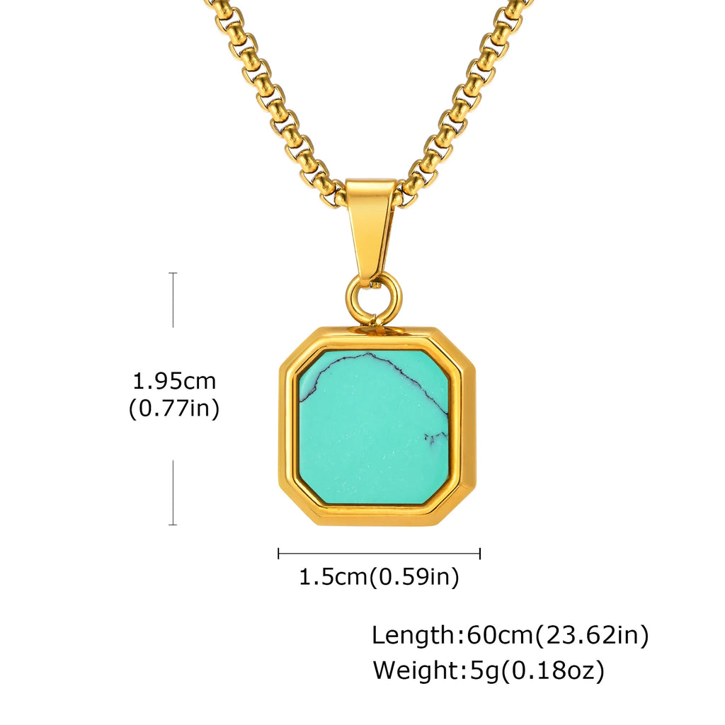 Fashion High Quality Natural Stone Square Pendant Stainless Steel Long Chain Necklace Trendy Simple Popular Jewelry for Men Gift
