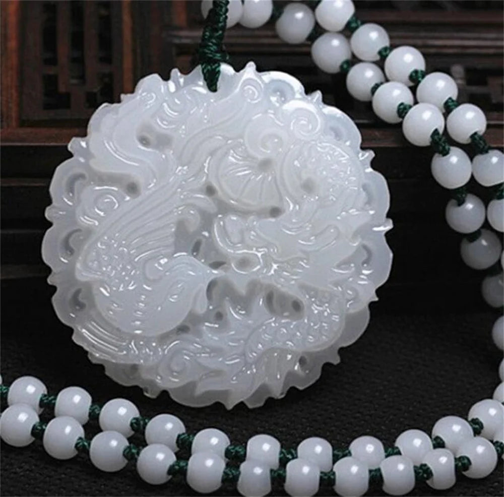 Natural White Afghan Stone Jade Carved Chinese Dragon Phoenix Lucky Pendant Amulet Necklace Charm Gift Jewelry