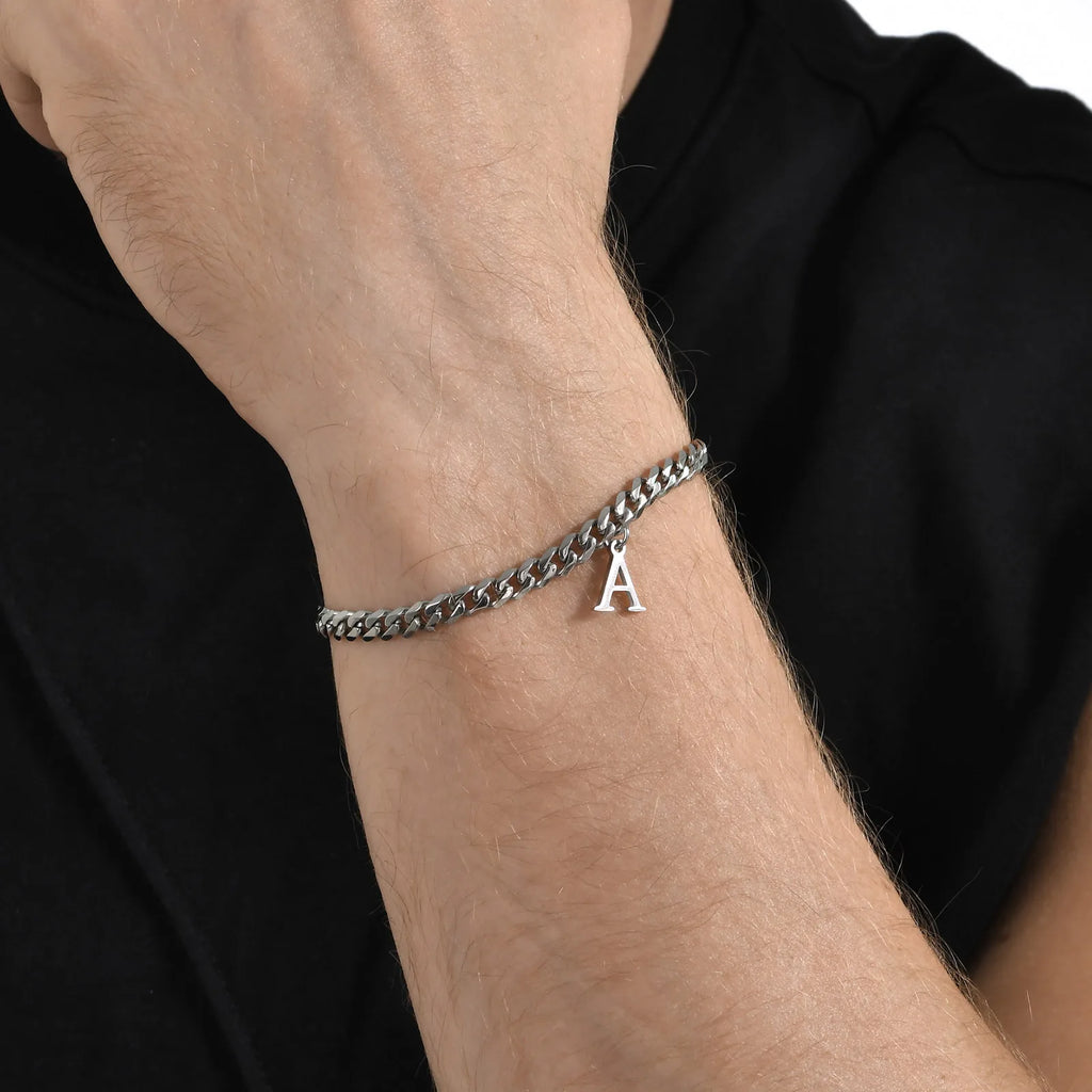 Vnox A-Z Initial Bracelets for Men Women, Never Fade Silver Color Stainless Steel Cuban Chain Bracelet with 26 Letter