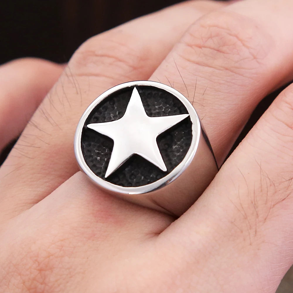 Star Signet Steel Ring Pentagon Biker Good