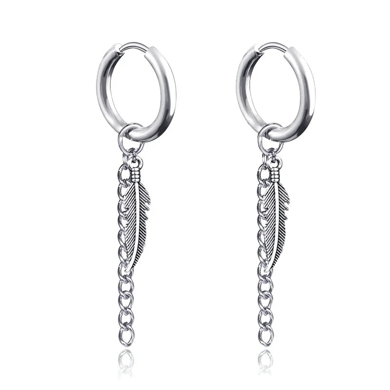 Feather Dangle Huggie Hoop Earrings for Men — Stainless Steel
