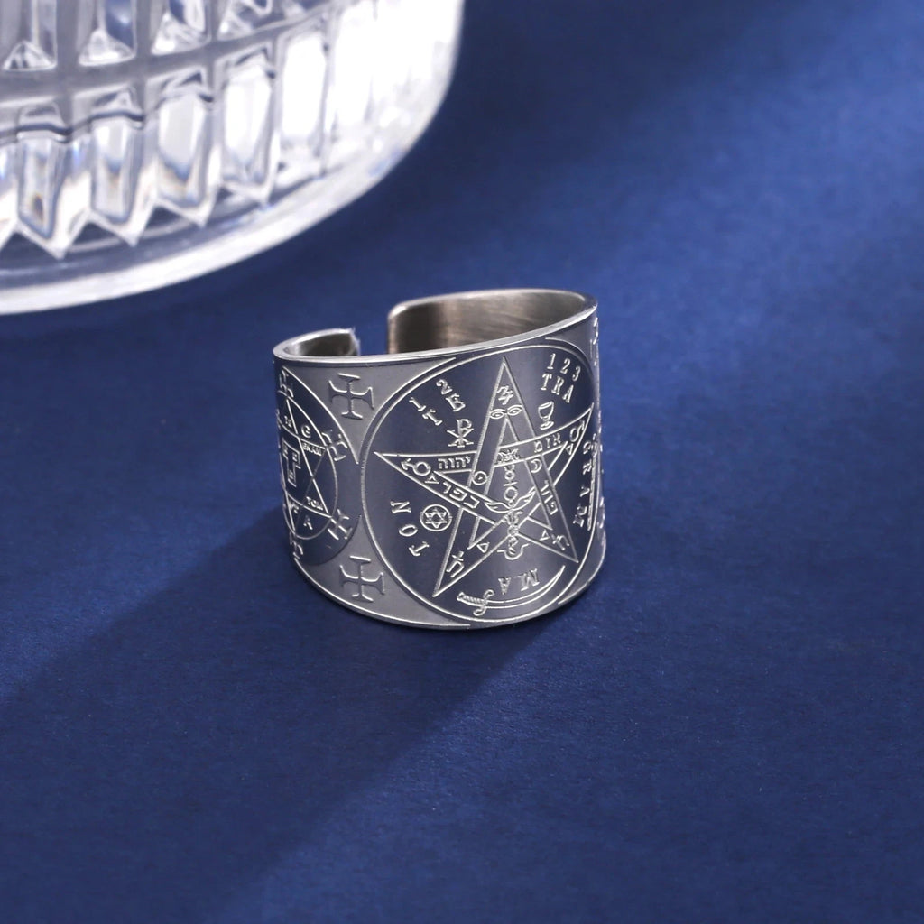 LIKGREAT Amulet Protection Ring Tetragrammaton Pentagram Finger Rings for Men Women Stainless Steel Jewely Witchcraft Pagan Gift