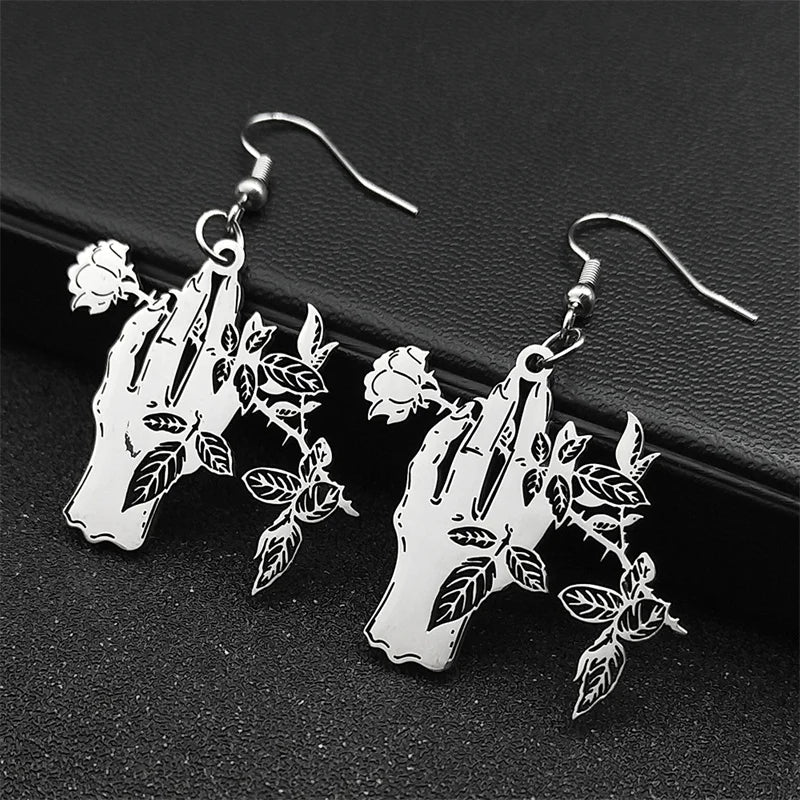 Gothic Silver Earrings Punk Rose Hand Hoop Elegant