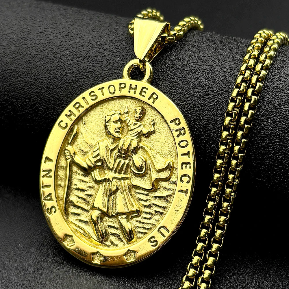 Saint Christopher Medal Pendant Necklace — Gold-Tone