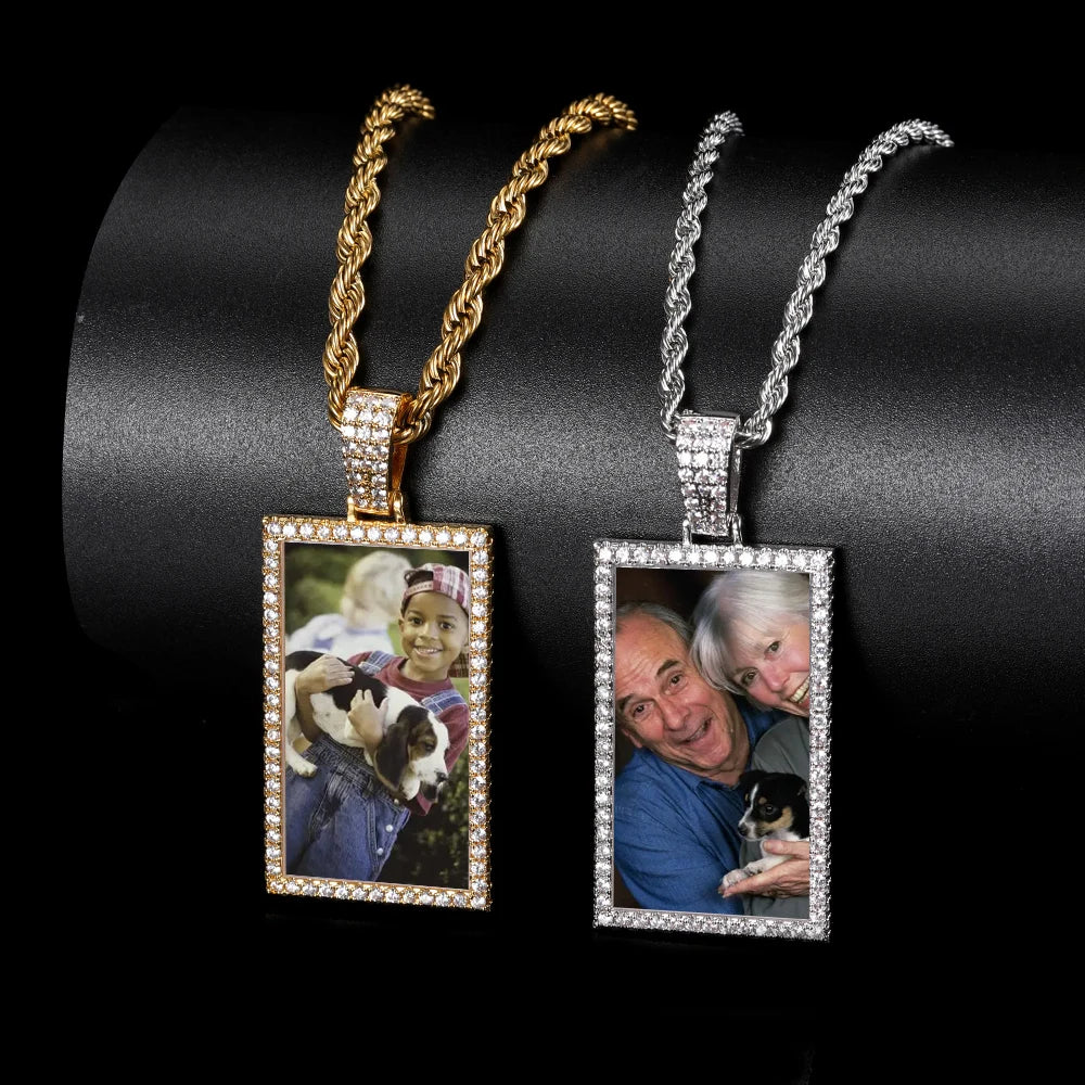 Iced Out Photo Pendant Necklace Rectangle