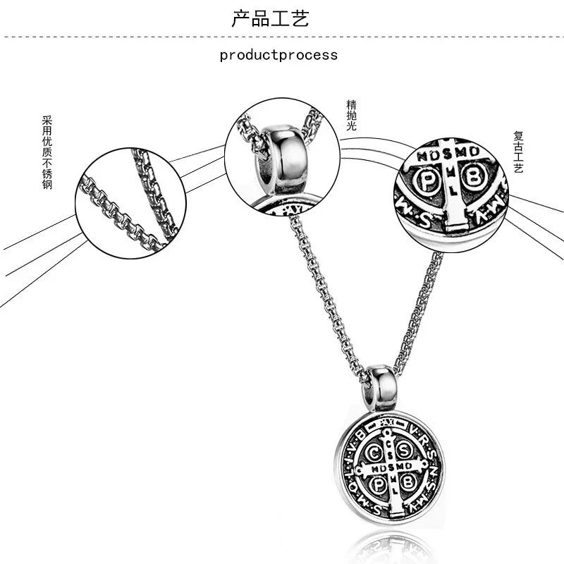 Stainless Steel Saint St. Benedict Collar Medal of San Benito Necklace Men Women Spiritual Virgin Mary Pendant Necklace
