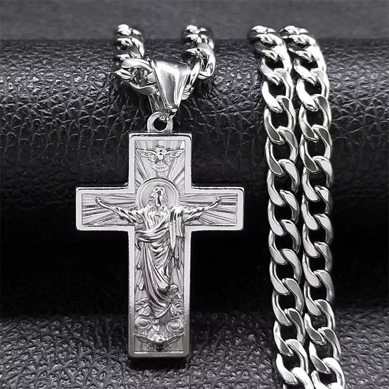 Stainless Steel Cross Jesus Pendant Necklace for Men Gold Color Hip Hop Cuban Chain Religious Crucifix Necklaces
