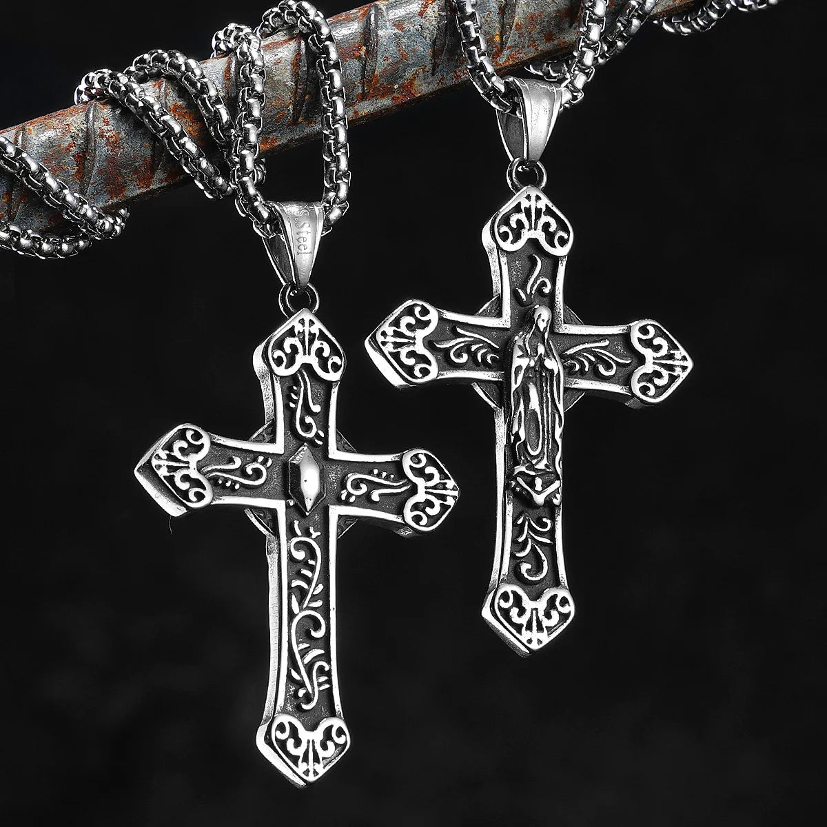 Cross Virgin Mary Pendant Necklace Stainless Steel