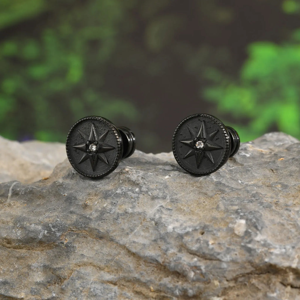 Iced Out Compass Star Stud Earrings — Stainless Steel