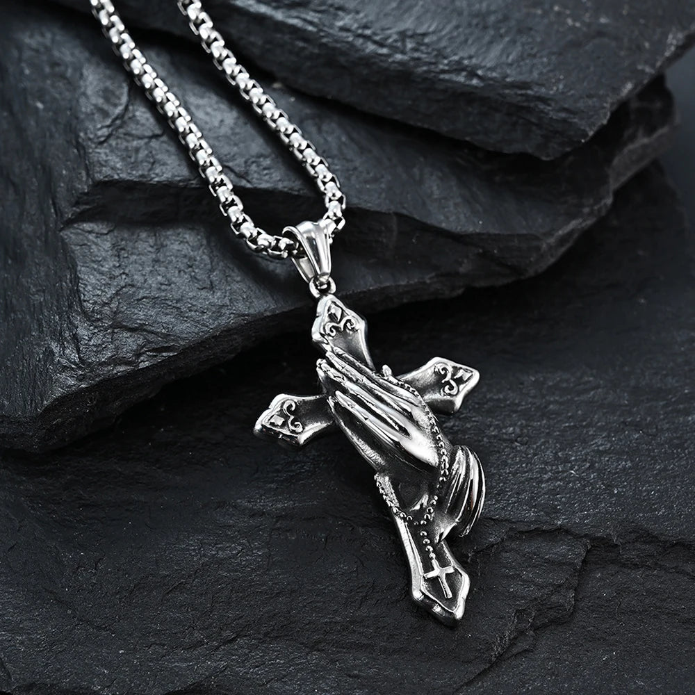 Stainless Steel Cross Praying Hands Pendant Necklace