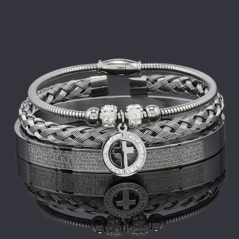 Open Carving Spanish Scripture Cross Bracelet — Stainless Steel