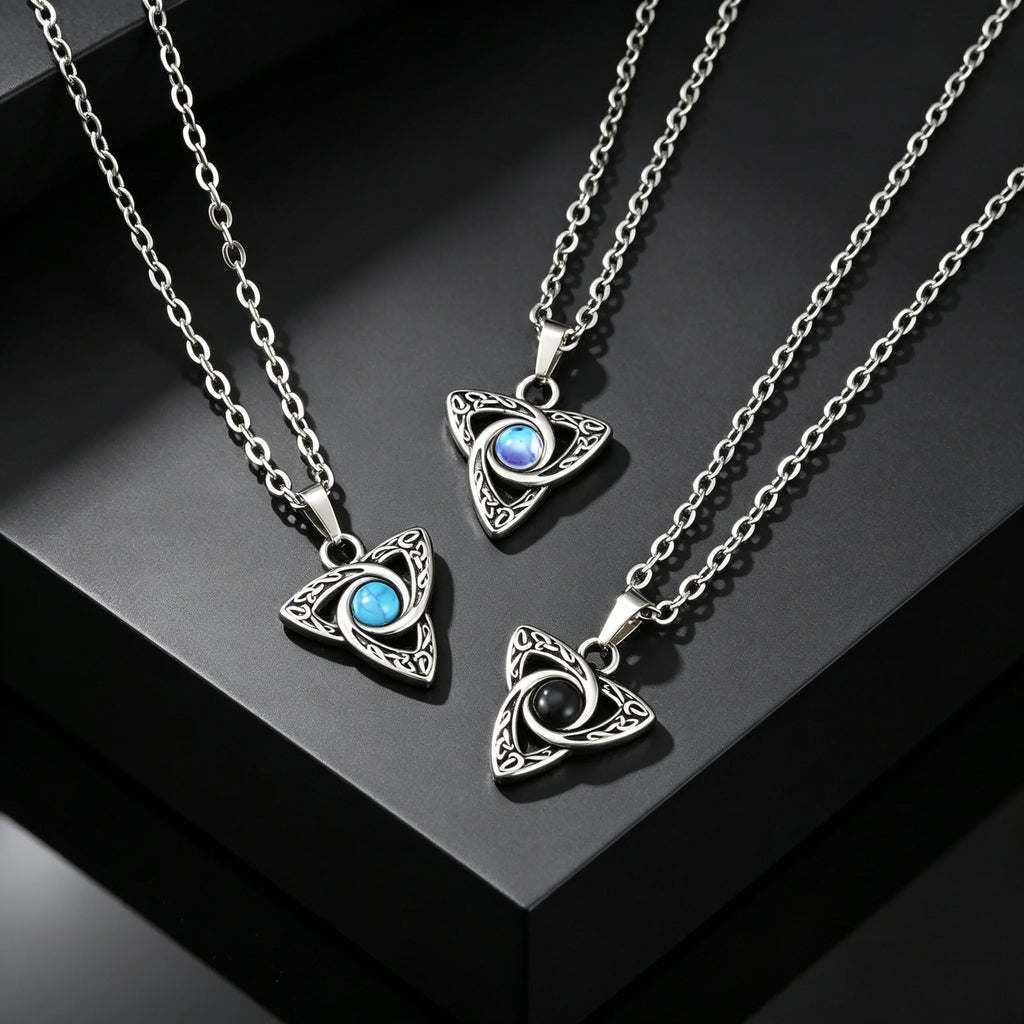 Vintage Celtic Knot Pendant Inlaid Black Opal Turquoise Necklace for Men, Retro Fashion Natural Stone Stainless Steel Jewelry
