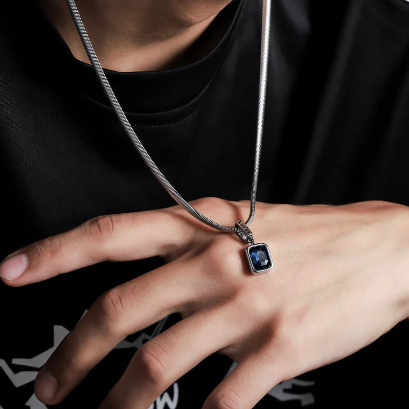 Blue Crystals Geometric Pendants Snake Bone Chain Titanium Steel Men Personality High-end Versatile Necklaces Fashion Jewelry