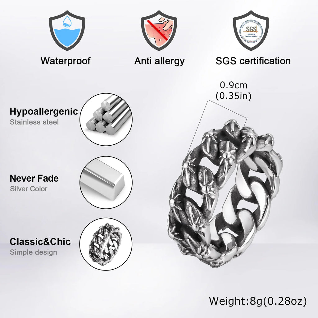 Fashion Unique Twist Chain Rings for Men Stainless Steel Geometric Pattern Chunky Ring Non-fading Vintage Finger Jewelry Gift