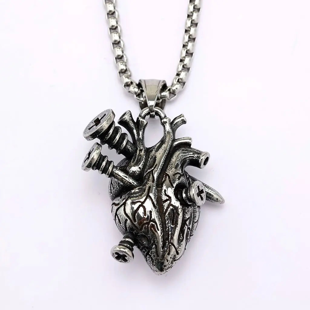Men's Vintage Stainless Steel Heart Pendant Necklace Dark Punk Hip-Hop Style Nail Heart Detail Decorative Accessory