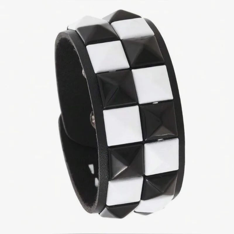 Punk Personality Simplicity Geometry Retro Black and white Square rivets Leather Stainless steel Hand bracelet Wristband