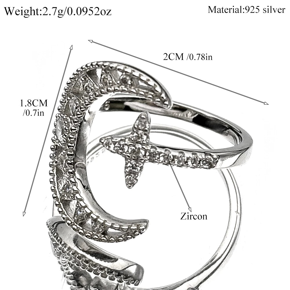 Cross Star Silver Ring Sterling Zircons Moon Finger