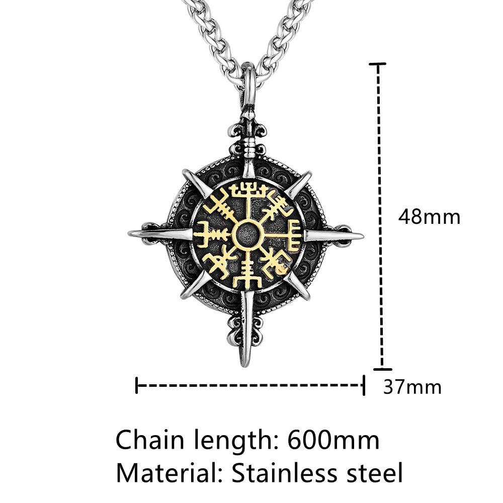 Mens Viking Compass Necklaces Stainless Steel Double-sided Norse Runes Trident Pendant With Genuine Leather Chain