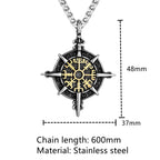 Mens Viking Compass Necklaces Stainless Steel Double-sided Norse Runes Trident Pendant With Genuine Leather Chain