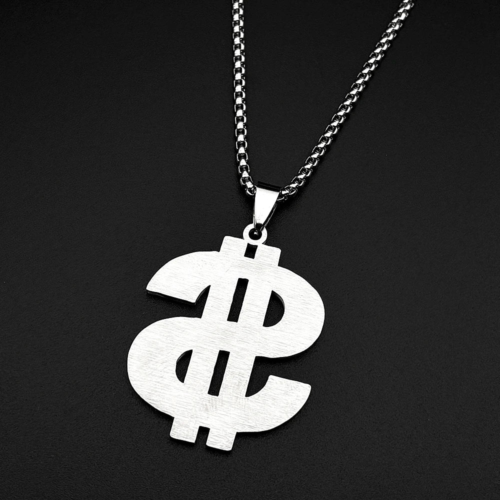 Hip Hop Dollar Money Symbol Necklace Stainless Steel Gold Silver color Rhinestone Pendant Rap Streetwear Chain Jewelry
