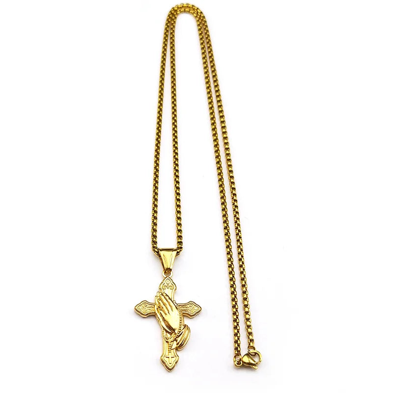 Praying Hands Cross Pendant Necklace — Gold
