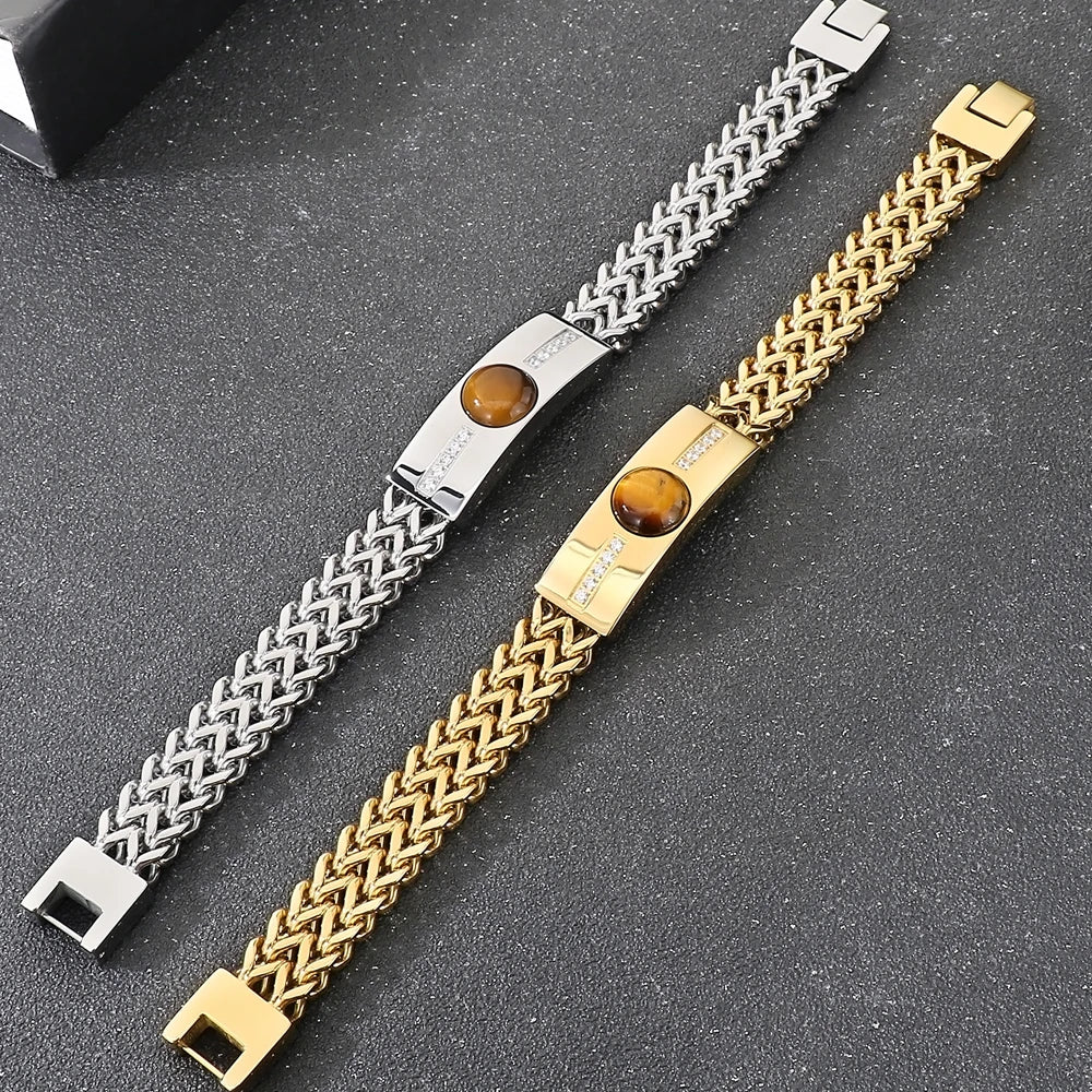 Vintage Stainless Steel Men's Curved Bracelet Natural Stone & Shiny CZ Inlaid Bracelets for Man Fashion Male Hand