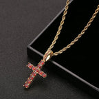 Two-Tone Iced Out Cross Pendant Red Zircon
