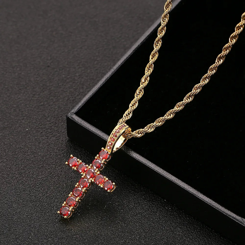Two-Tone Iced Out Cross Pendant Red Zircon