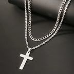 2PCS/SET INGCHAU Fashion Stainless Steel Twisted Chain Cross Necklace for Men Stacked Cuba Chain Necklace Men Spiritual Jewlery