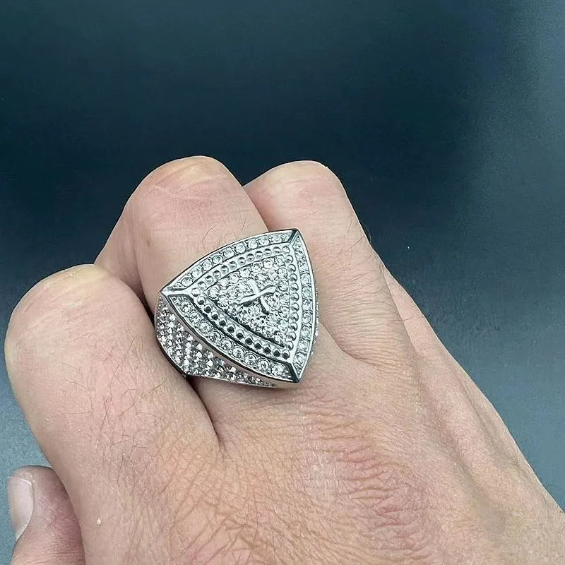 All Bling 5A Zircon Triangular Stainless Steel Rings for Men Cool Trendy Filled Titanium HIPHOP Finger Bands