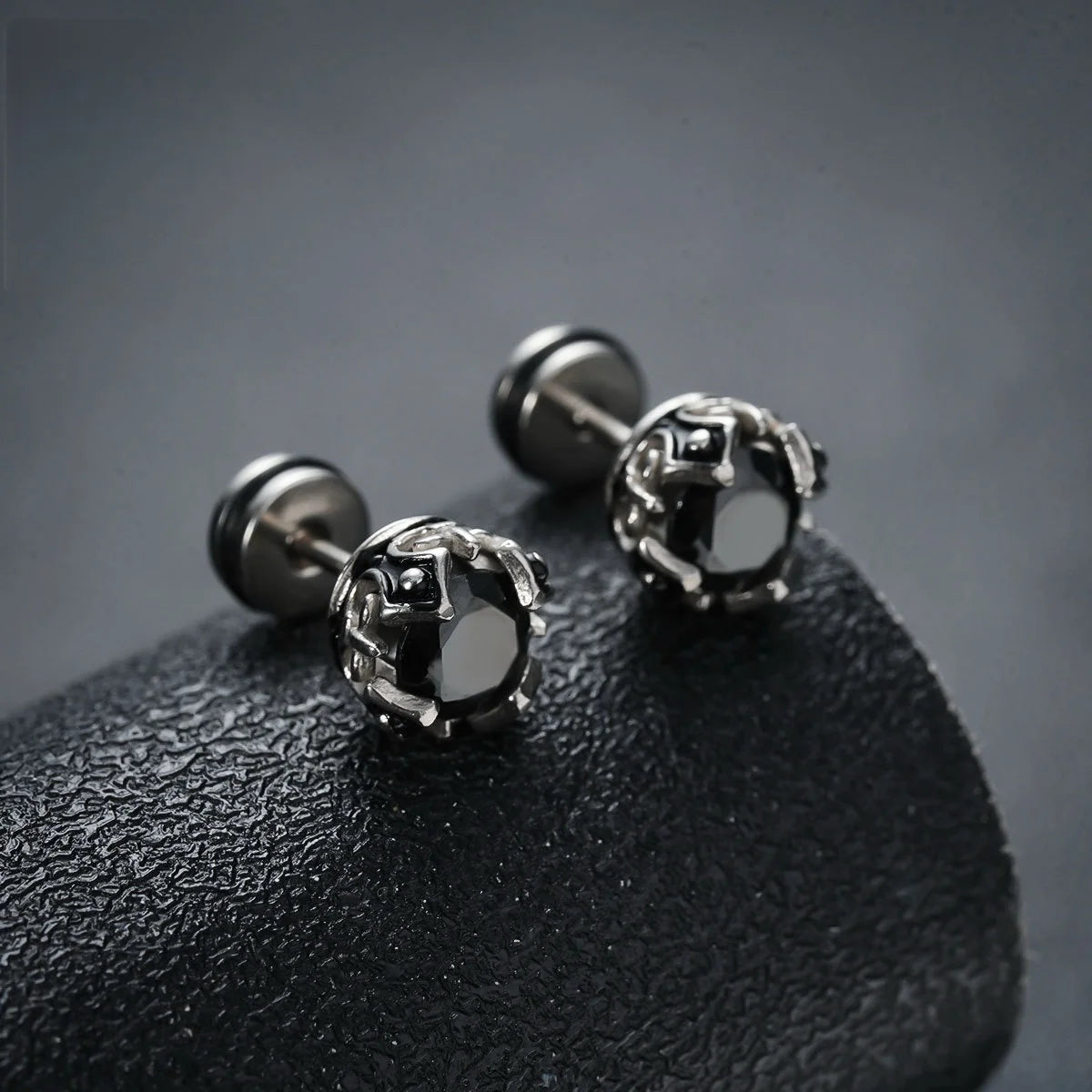 Black Zircon Stud Earrings — Stainless Steel