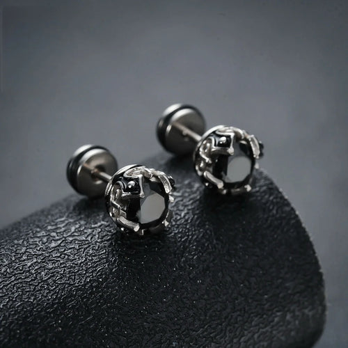 Black Zircon Stud Earrings — Stainless Steel